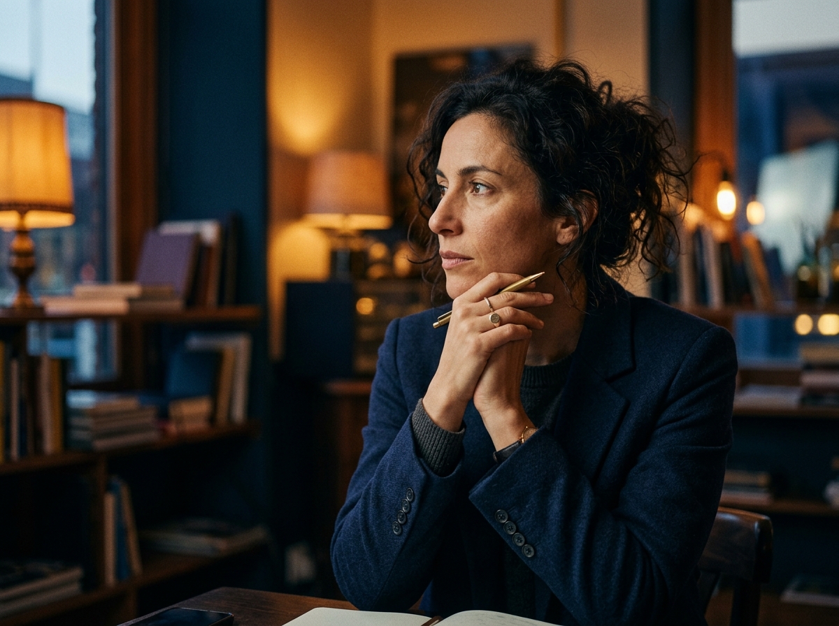 Stylized editorial portrait of a relationship astrology specialist, warm amber lighting