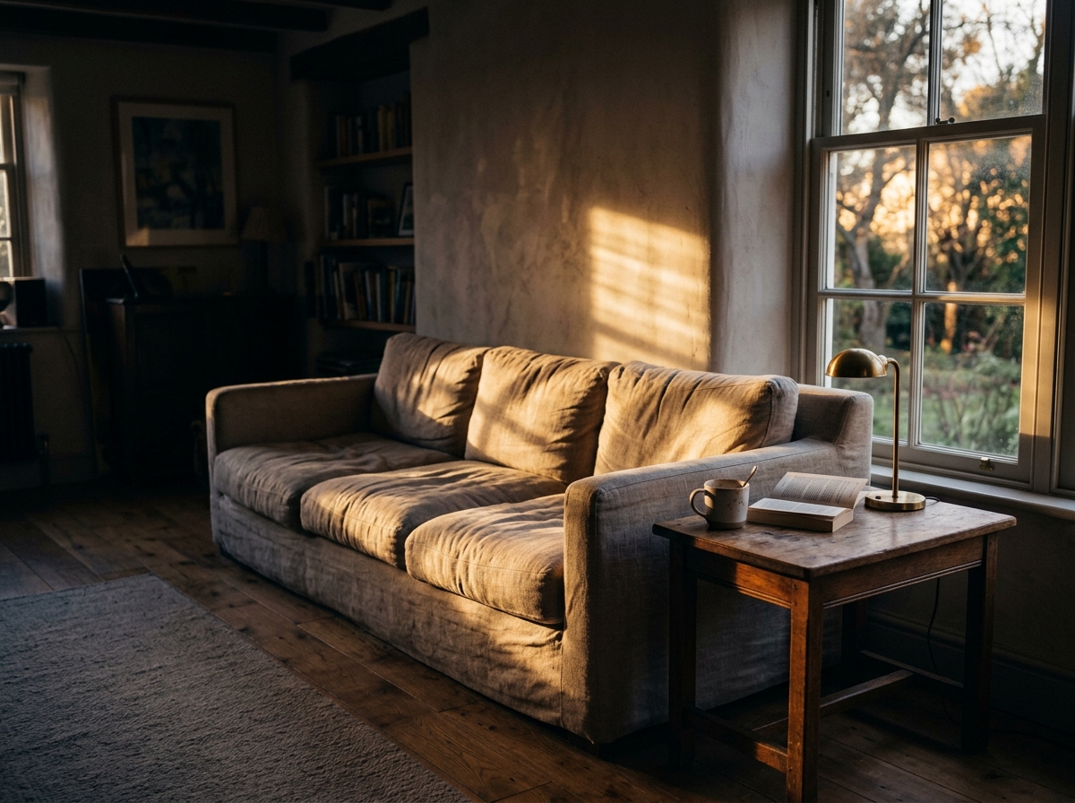 Soft window light filtering across an empty couch in an evening living room, end of a long conversation