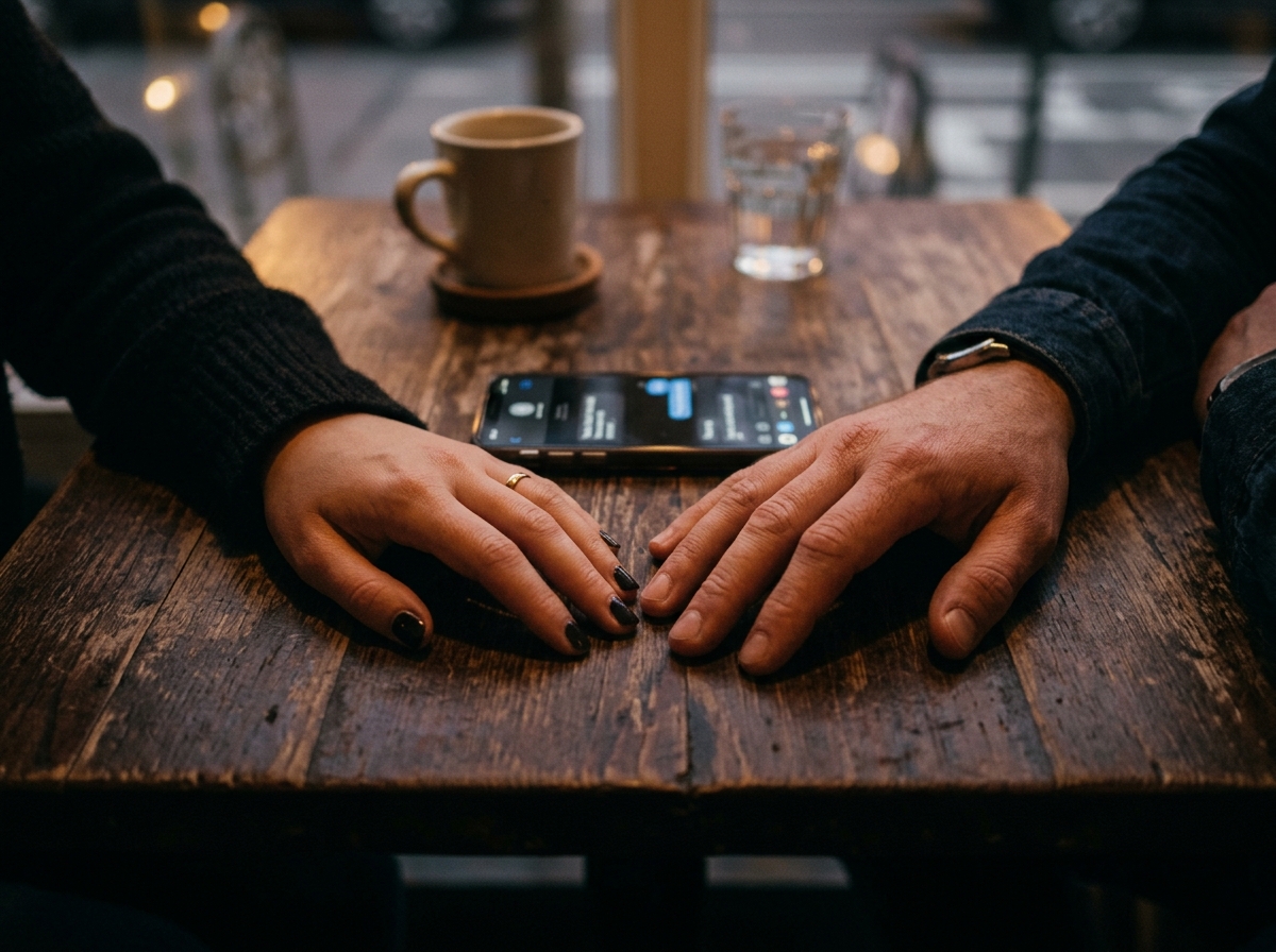 Close-up of two people's hands resting near each other on a table, almost touching, conveying unspoken tension