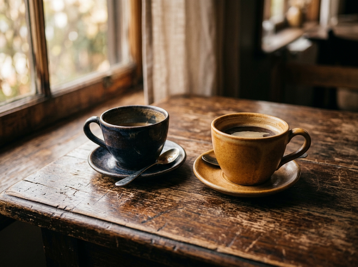 Two coffee cups on a wooden table with morning light, one nearly empty, hinting at an unfinished conversation
