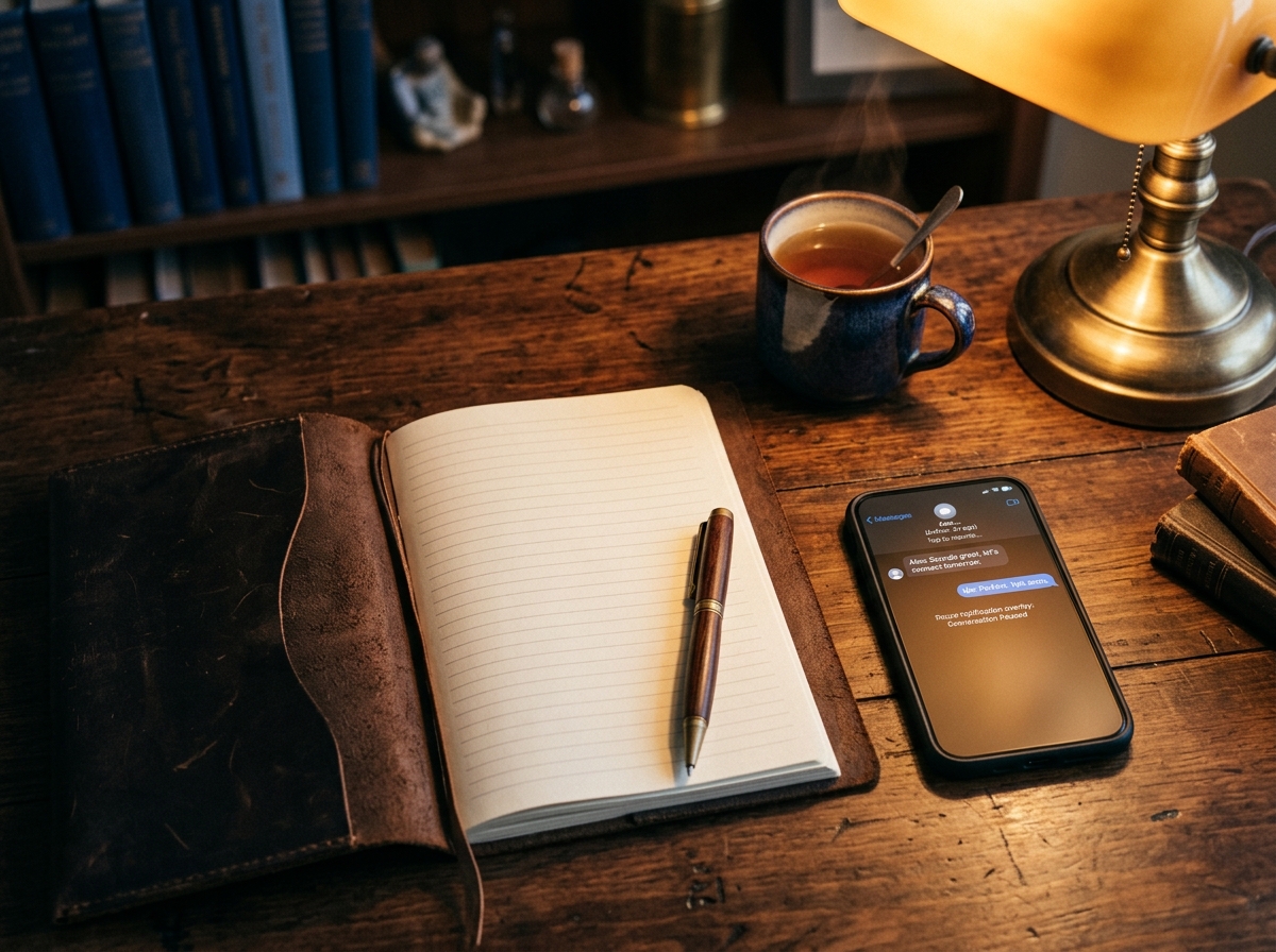 A leather notebook open beside a phone displaying a conversation thread, warm lamp light from above